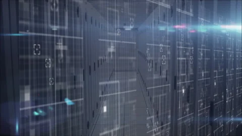 Horizontal light flare initiating UI overlays scanning server racks in corridor Stock Footage 310317950