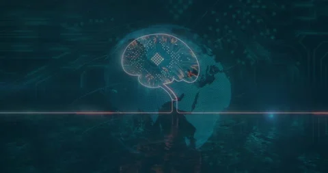 Horizontal line starting brain emerging nodes pulsing and globe rotating to show Stock Footage 313328673