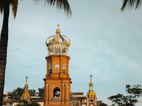 Horizontal low angle view of our Lady of Guadalupe church in Puerto Vallart.. Stock Photos