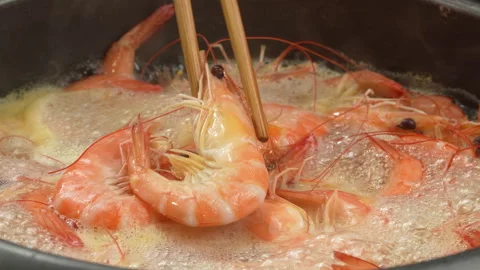 Horizontal Macro of Vietnamese Whiteleg Shrimp Boiling in Pot Stock Footage 339633869