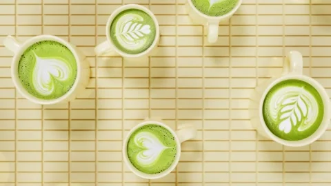Horizontal matcha latte art tea green cup beverage cafe drink pattern ceramic Stock Footage 332328172