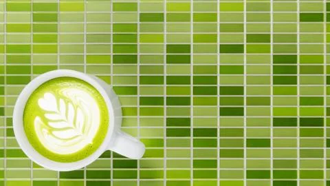 Horizontal matcha latte tea green art cup beverage cafe background ceramic Stock Illustration