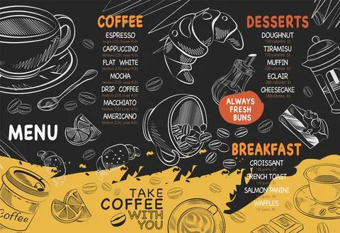 Horizontal menu template with coffee dessert and breakfasts with yellow accents Stock Illustration