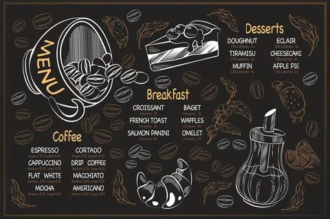 Horizontal menu template with coffee dessert and breakfasts Stock Illustration