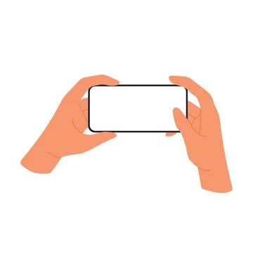 Horizontal mobile phone screen mockup in hand. Thumb clicking. Flat vector .. Ilustración de archivo