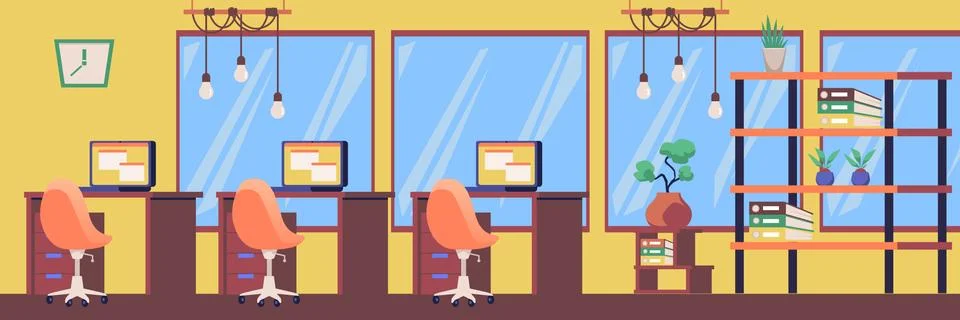 Horizontal modern office interior for work, flat cartoon vector illustration Illustrazione stock