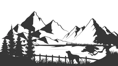 Horizontal mountain landscape with trees. Seamless mountains background. Outdoor 스톡 일러스트