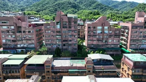 Horizontal moving shot New modern quarter condominium apartment flat building Stock-Footage 218347312