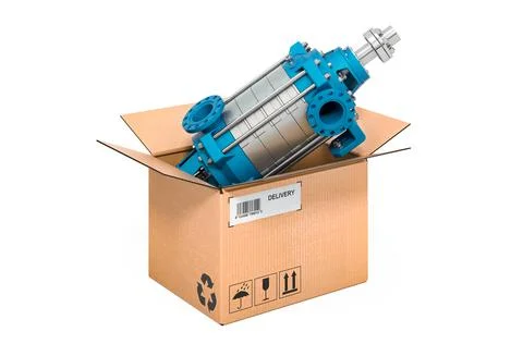 Horizontal multistage pump inside cardboard box, delivery concept. 3D renderi 스톡 일러스트