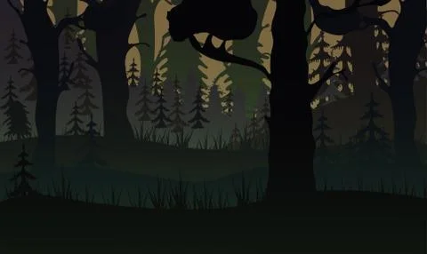 Horizontal night forest landscape, trees and silhouettes. Vector illustration Stock Illustration