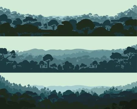 Horizontal night forest. Landscape trees. Silhouettes. Vector. Stock Illustration