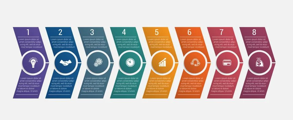 Horizontal numbered color arrows with text template infographic eight positio Stock Illustration