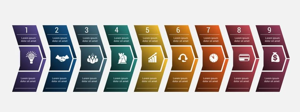 Horizontal numbered color arrows for text template infographic for nine posit Stock Illustration