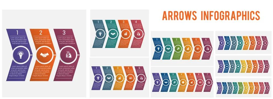 Horizontal numbered color arrows. Text template infographic for 3 4 5 6 7 8 9 Stock Illustration
