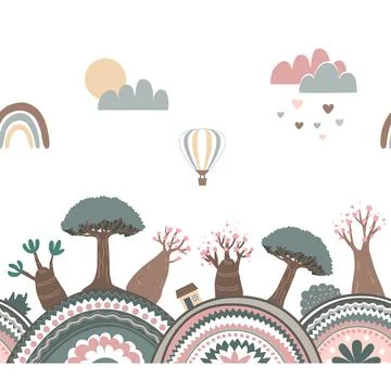 Horizontal nursery seamless doodle background with textured hills, sky, and Illustrazione stock