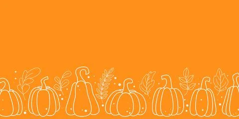 Horizontal orange background with border of pumpkins and foliage Stock Illustration