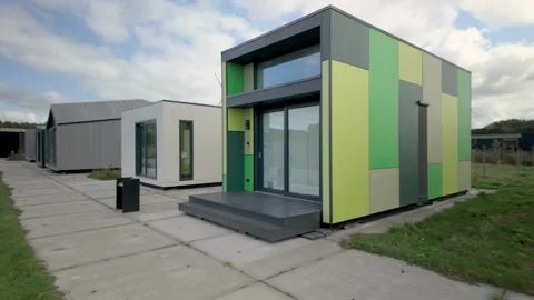 Horizontal pan of new tiny houses in Almere, The Netherlands 스톡 동영상 301524932