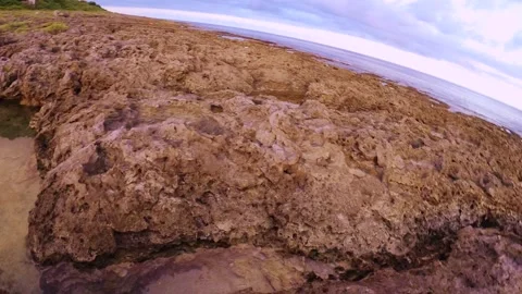 Horizontal pane across field view of water pond at textured tidal wild terrain c Stock Footage 312346868