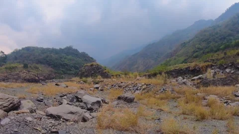 Horizontal pane view to landscape of nature look out to mountains terrain valley Stock Footage 266502667