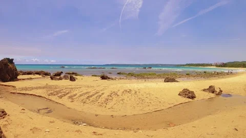 Horizontal pane view left to right standing on sandy beach shore look out to the Stock Footage 279141431