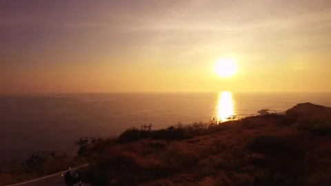 Horizontal pane view of look out to ocean horizon with clam sea water during bri Stock-Footage 240483234