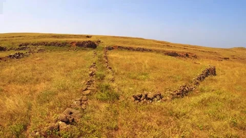 Horizontal pane view look out to abandoned antique historical ruin site of villa Stock Footage 242330566