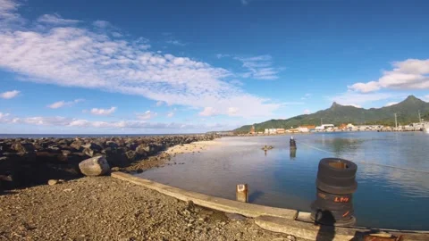 Horizontal pane view look out to north Rarotonga pacific island ocean coastline  Stock Footage 258443426