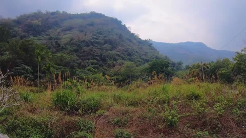 Horizontal pane view look out to landscape of nature at bottom of mountains terr Stock Footage 266502747