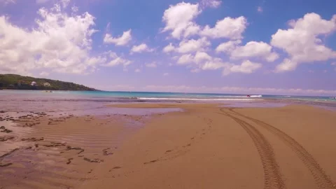 Horizontal pane view look out to ocean horizon at beach side sandy bottom with s Stock Footage 280777689