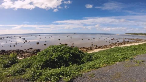 Horizontal pane view of rocky shore coastline beachside and vegetation during go 스톡 동영상 258444916