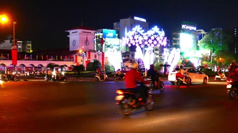 Horizontal panning view of the busy night traffic of the Ho Chi Minh City Stock-Footage 61871229