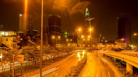 Horizontal panning view at the riverside night traffic in the Ho Chi Minh City Stock-Footage 110756436
