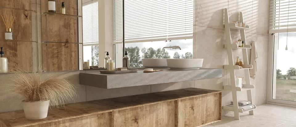 Horizontal panoramic background bathroom interior. Modern bath in scandinavian Illustrazione stock