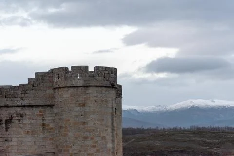 Horizontal panoramic view of a stone castle tower in Puebla de Sanabria and s Stock Photos