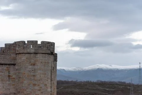Horizontal panoramic view of a stone castle tower in Puebla de Sanabria and s Stock Photos