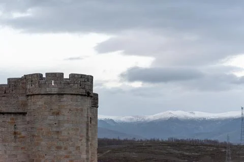 Horizontal panoramic view of a stone castle tower in Puebla de Sanabria and s Stock Photos
