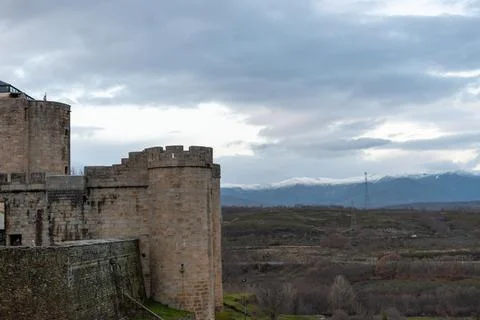 Horizontal panoramic view of a stone castle tower in Puebla de Sanabria and s Stock Photos