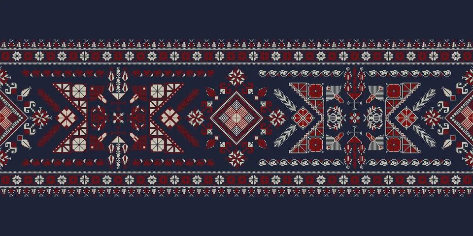 Horizontal pattern border with traditional Palestinian Tatreez embroidery Stock Illustration