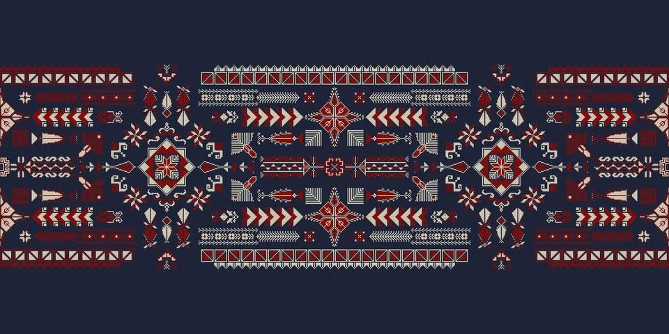 Horizontal pattern border with traditional Palestinian Tatreez embroidery Stock Illustration