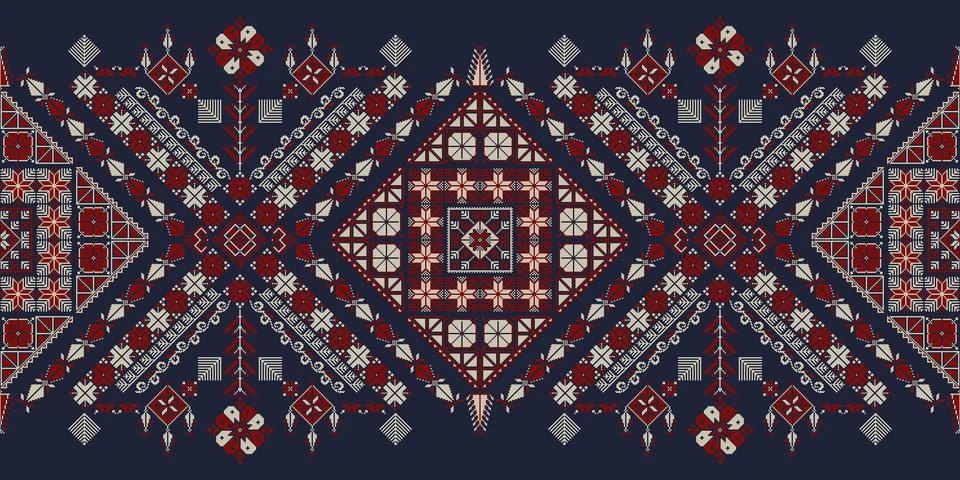 Horizontal pattern border with traditional Palestinian Tatreez embroidery Stock Illustration