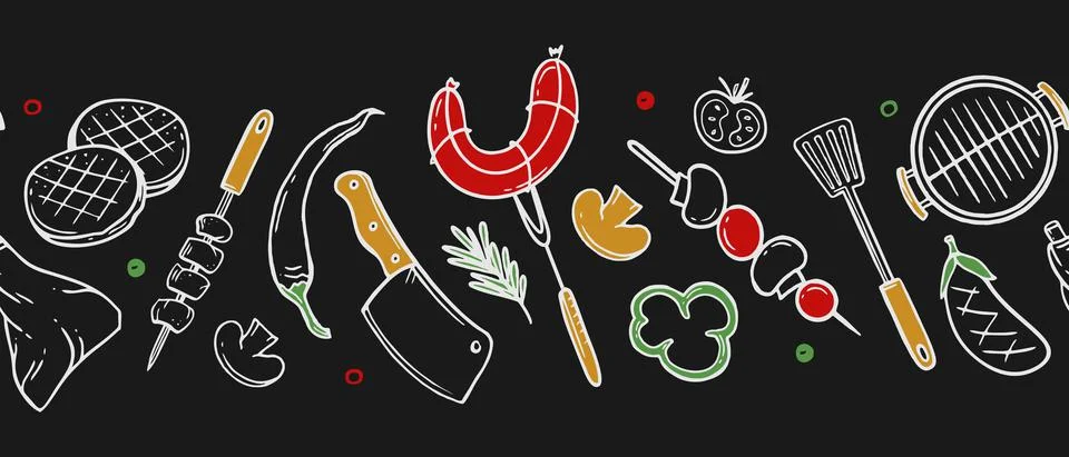 Horizontal pattern with grill and barbecue elements for restaurant bar cafe m Ilustración de archivo