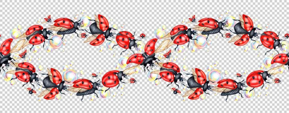 Horizontal pattern of ladybugs and soap bubbles watercolor Stockillustratie