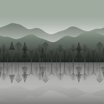 Horizontal pattern with misty coniferous forest, lake reflection and mountain Illustrazione stock