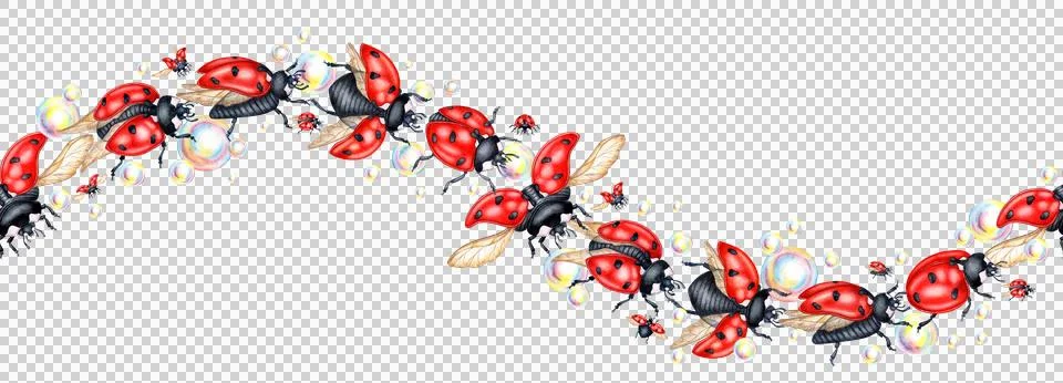 Horizontal pattern of red ladybugs and soap bubbles watercolor Stockillustratie