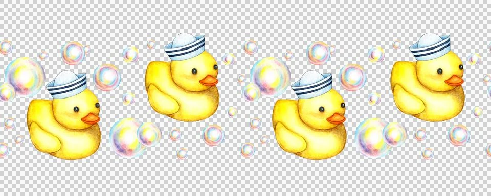 Horizontal pattern rubber duck and soap bubbles watercolor Stockillustratie