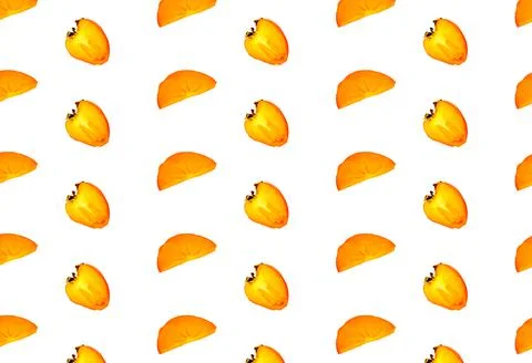 Horizontal pattern with sliced persimmons on a white background. Fruit backgr Stock Photos