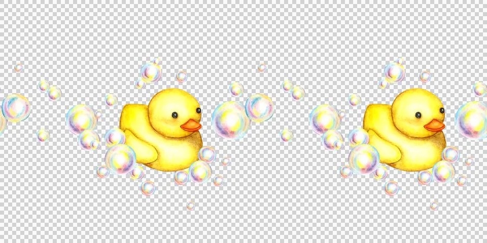 Horizontal pattern of yellow rubber duck and soap bubbles in watercolor Stockillustratie