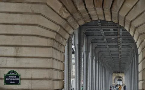 Horizontal perspective view of Metal columns of elevated subway at Pont de .. Stock Photos