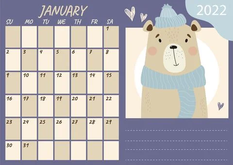 Horizontal planner calendar template for January 2022. Cute winter bear in a  Stock Illustration