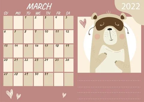 Horizontal planner calendar template for March 2022. Cute sleeping bear in a  Stock Illustration